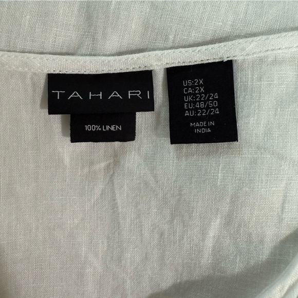 Tahari 100% Linen Tunic Top White Pom Pom Trim V-Neck Beach Minimalist Boho 2X​ - Picture 5 of 7